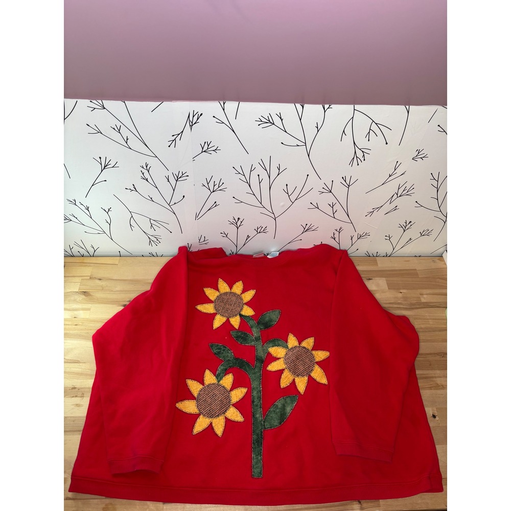 Prospirit Red Sunflower Applique Crewneck Sweatshirt Womens 3X Fleece Pullover